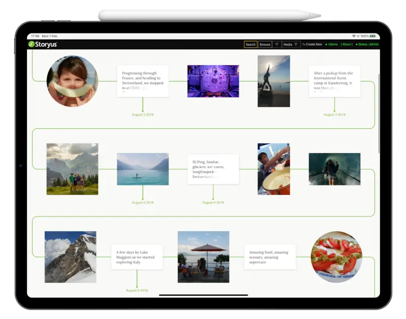 An iPad showing a Storyus Join the Dots timeline: those same moments threaded in order