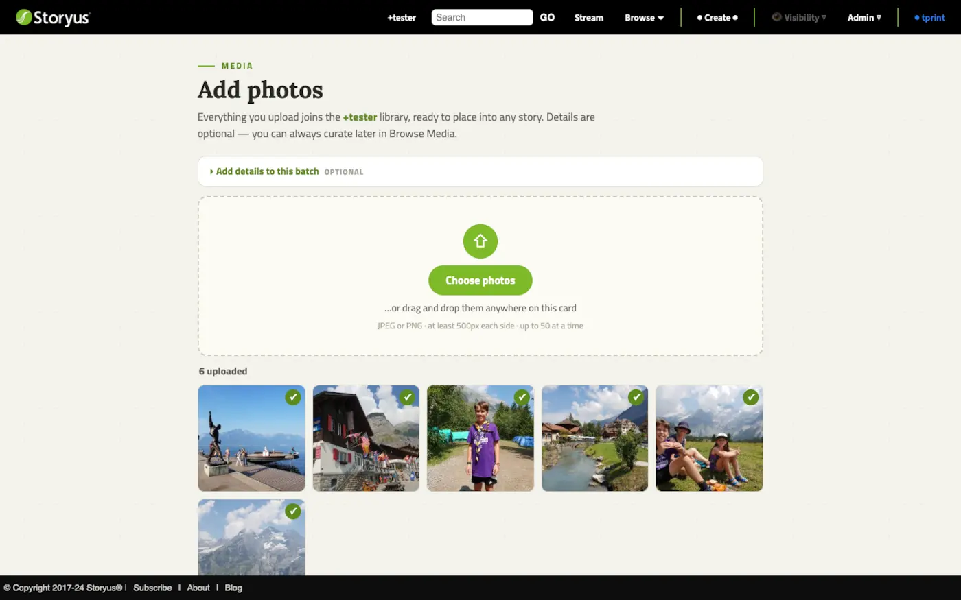The Add photos uploader: a drag-and-drop card with folder, collection, category and tag fields
