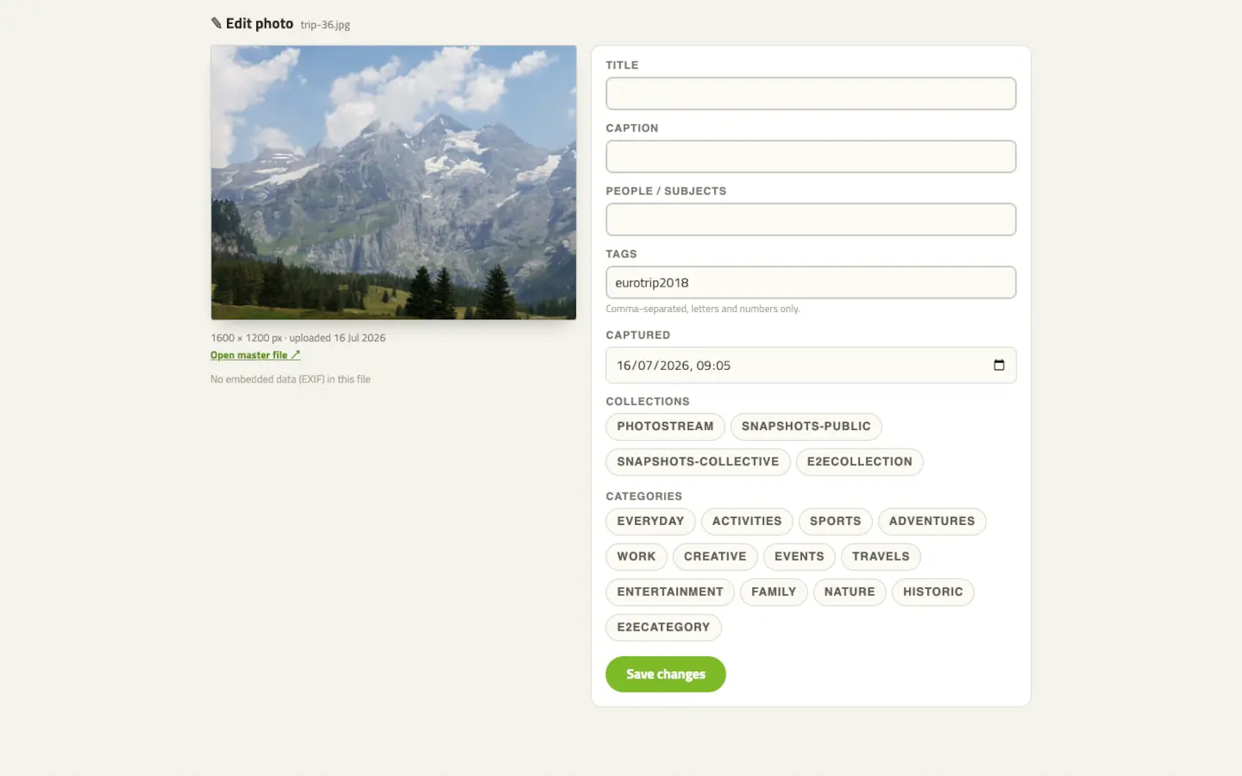 The image details editor: title, caption, people, tags, captured date, collections and categories