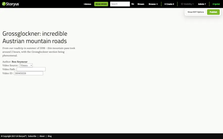The Video Postcard editor: platform select (Vimeo/YouTube), video ID field, editable title and note