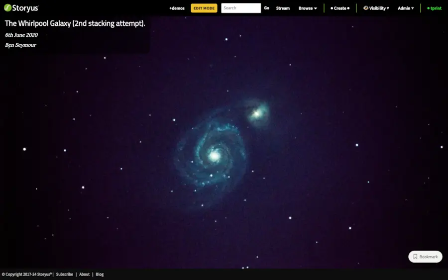 The finished Moment page: the Whirlpool Galaxy photograph with its title overlaid