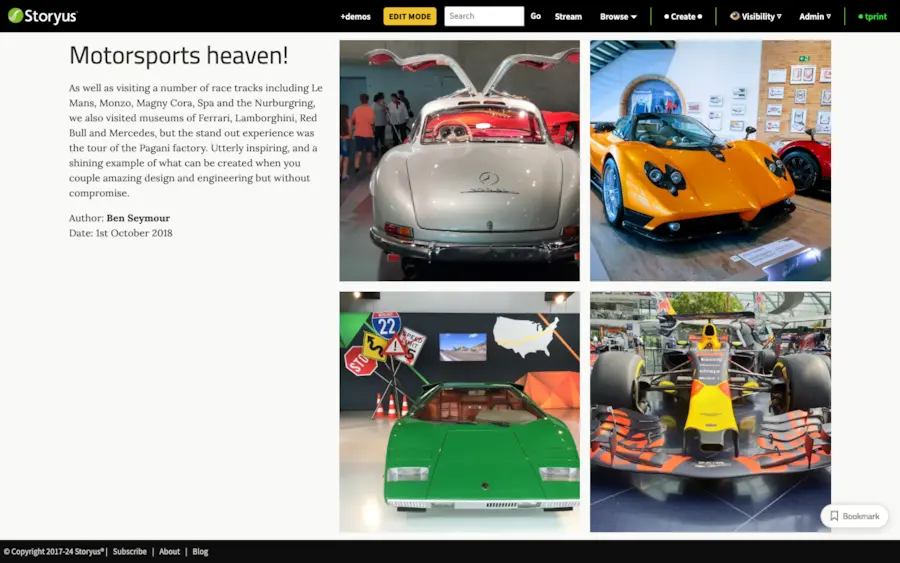 The finished four-square postcard: Motorsports heaven, four photos beside the note