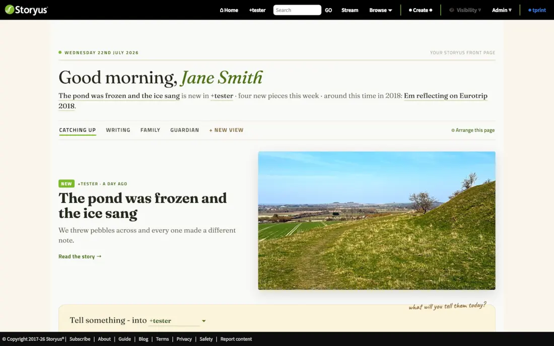 The Storyus personal front page: a dateline, a greeting, the family's news as a written line, and a photographic lead story
