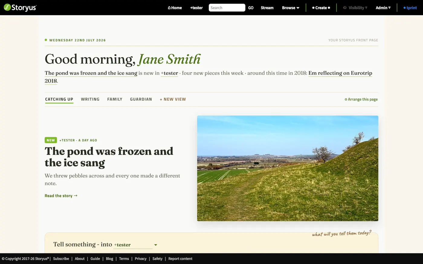 The personal home front page: dateline, a serif greeting, a one-line news summary with links, section tabs, and a lead story with a large photograph