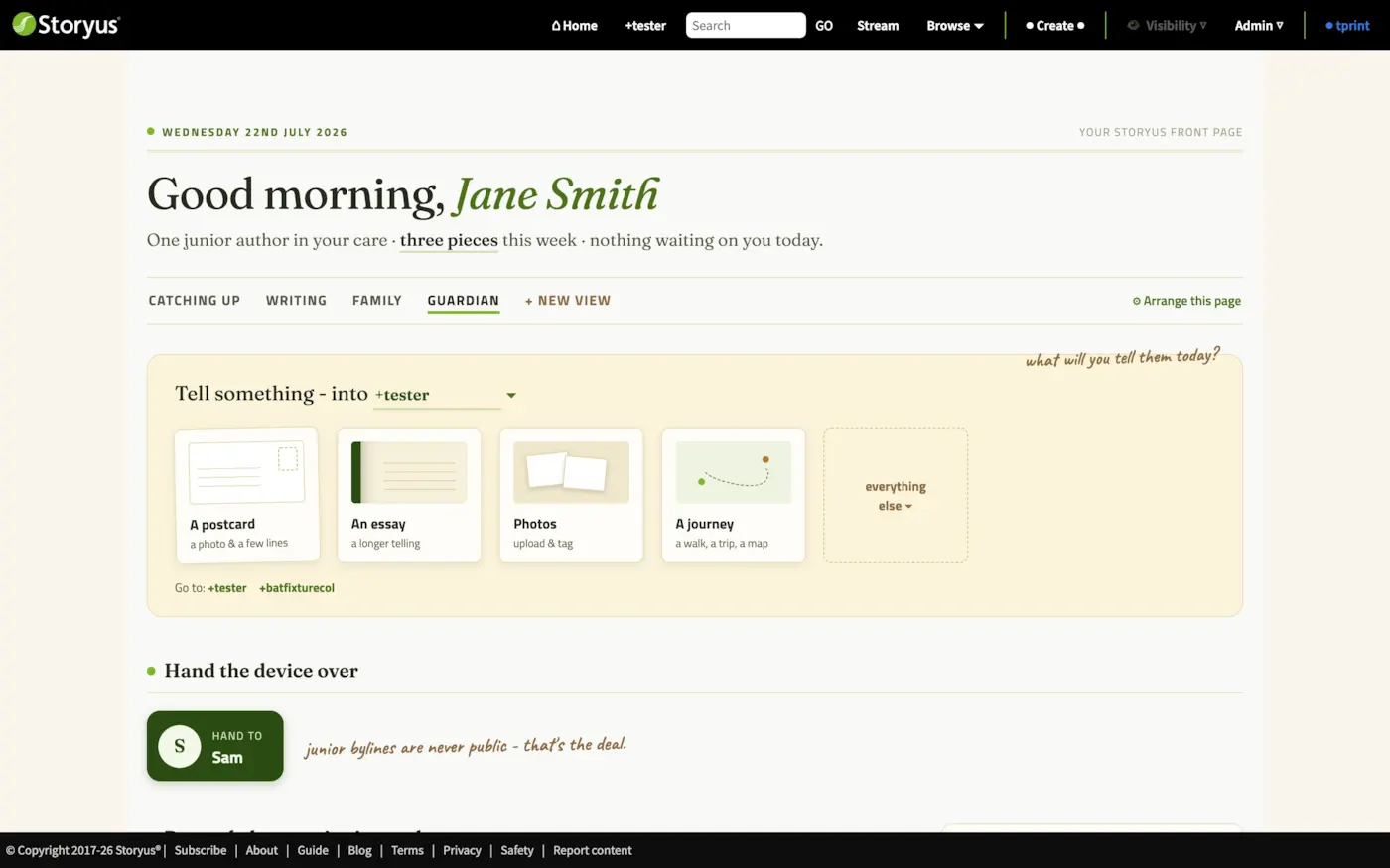 The Guardian view of the personal home: a Hand to Sam button, and a ledger of recent junior-authored work with type, byline, collective, visibility, date and review links
