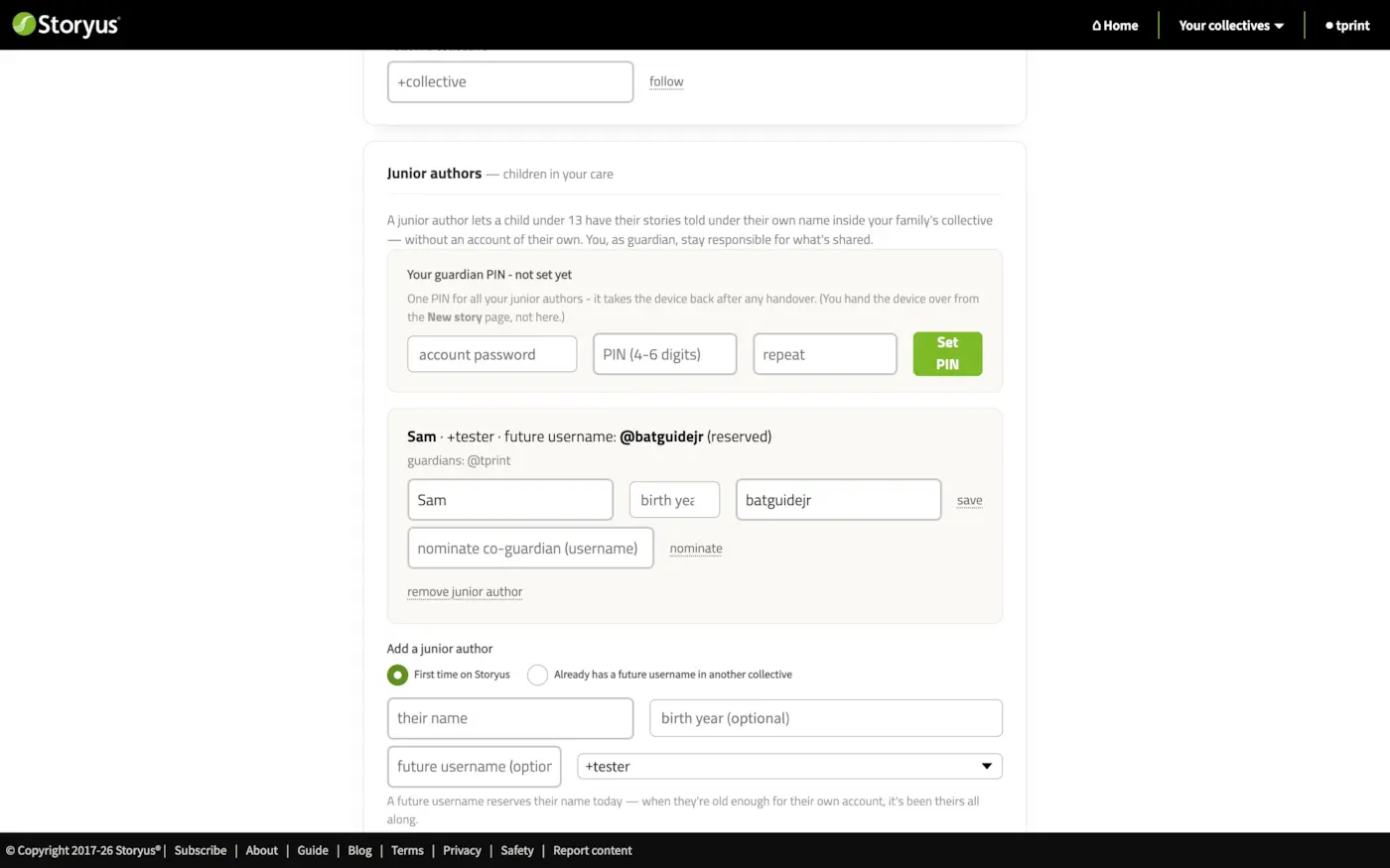 The Junior authors settings card: the guardian PIN, a junior author record with a reserved future username and co-guardian nomination, and the two-mode add form