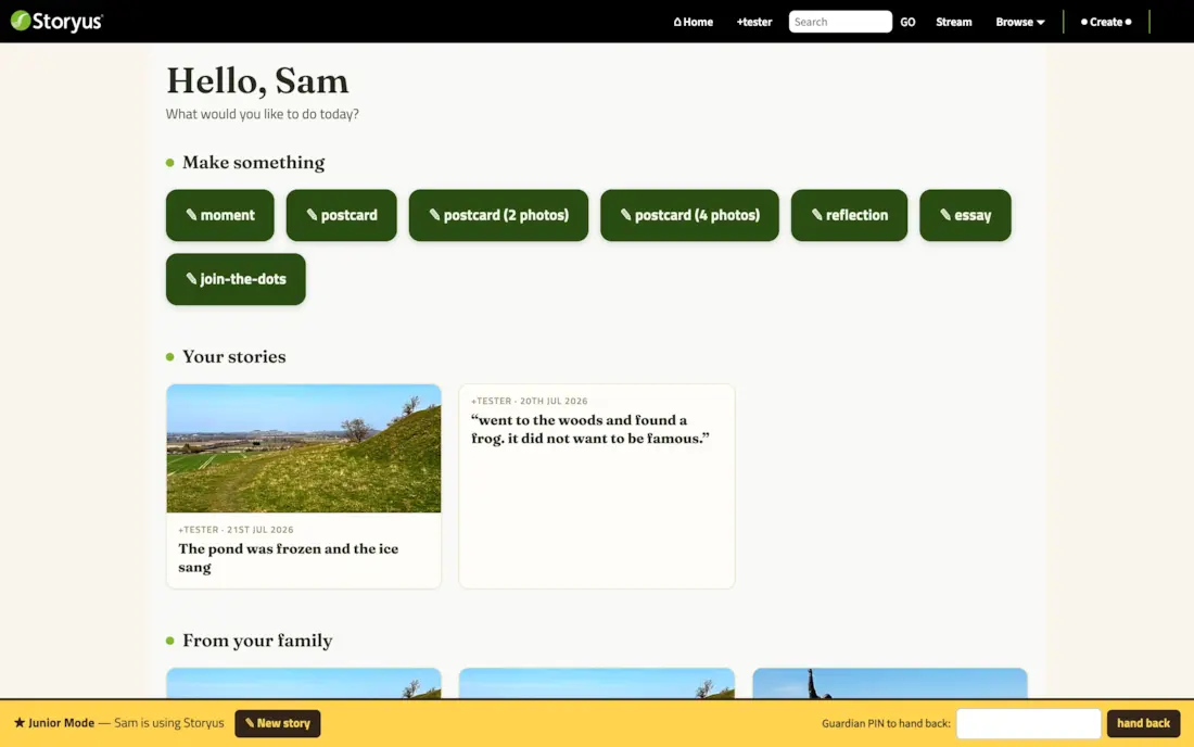 Junior Mode: a child's own home page saying Hello Sam, with big friendly making tiles, their stories, and the Junior Mode banner
