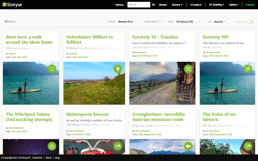 Browse in classic mode: an ordered grid of story cards with the filter row