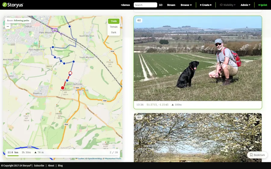 A journey story: a route drawn on a real map between numbered photo stops