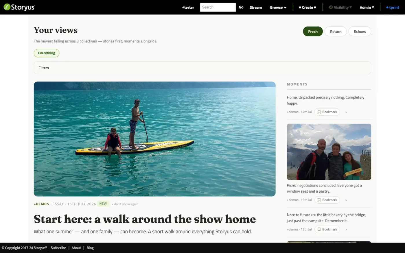 My Views: a personal magazine with Fresh, Return and Echoes buttons, a lead story and a moments rail