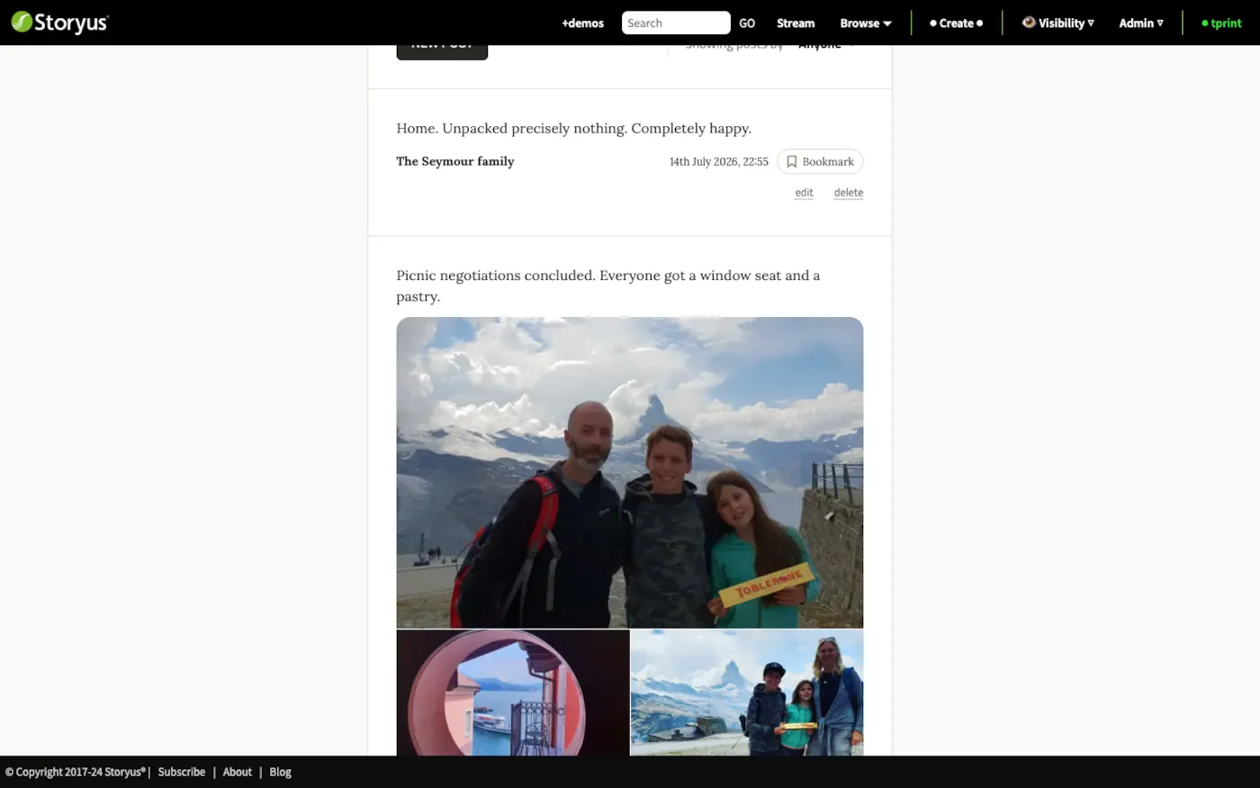 The finished stream: a feed of small posts, each a photo and a few words
