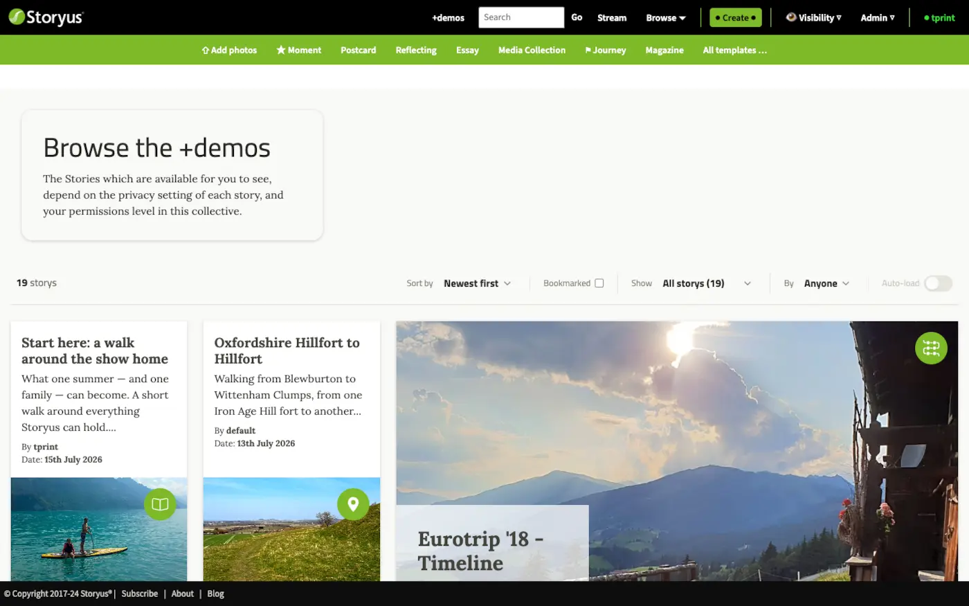 The Create menu open in the header: Add photos, Moment, Postcard, Reflecting, Essay, Media Collection, Journey, Magazine, All templates