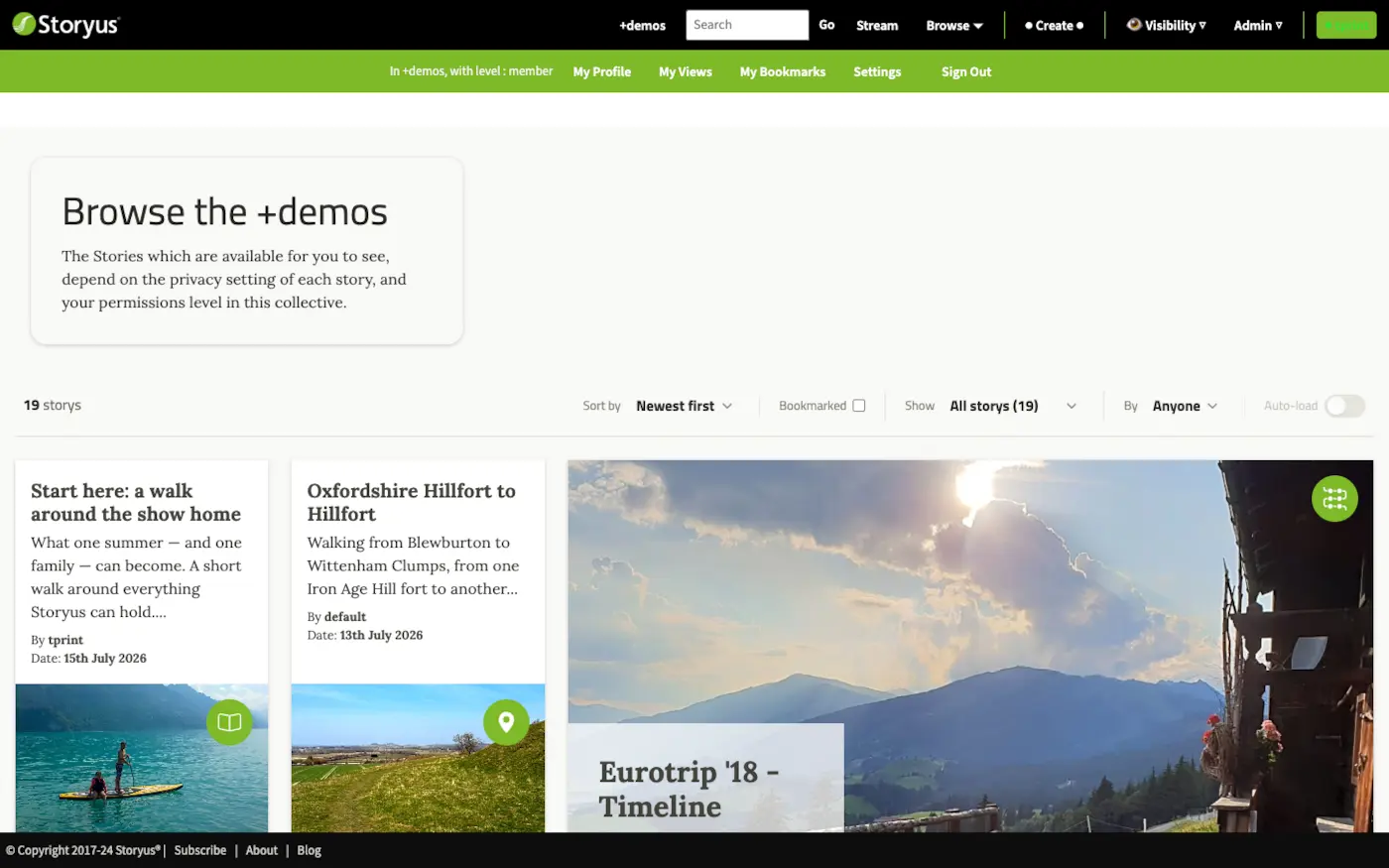The Storyus header with the profile menu open, showing My Profile, My Views, My Bookmarks, Settings and Sign Out, plus the line 'In +demos, with level: member'