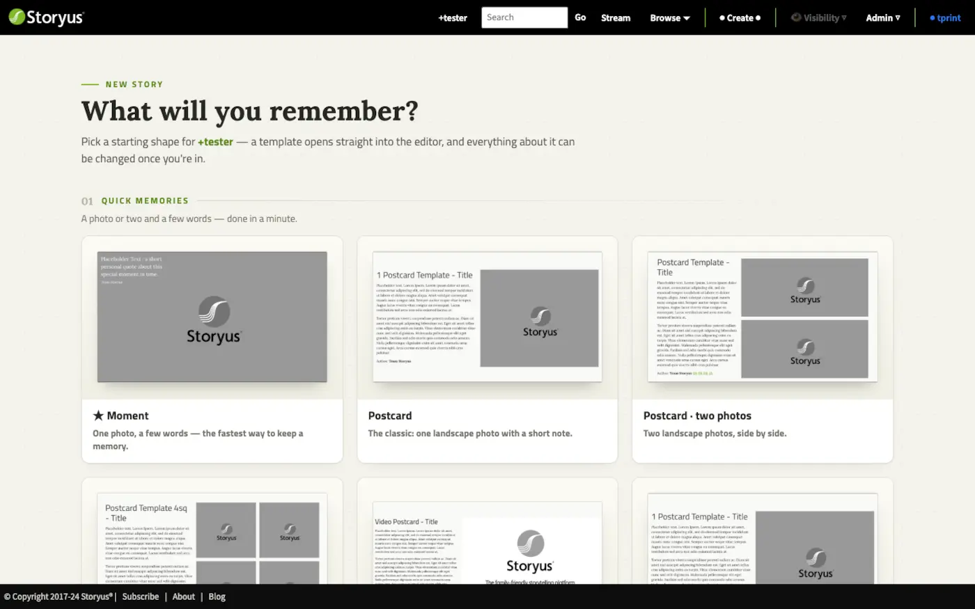 The All templates gallery: every story form with a one-line description
