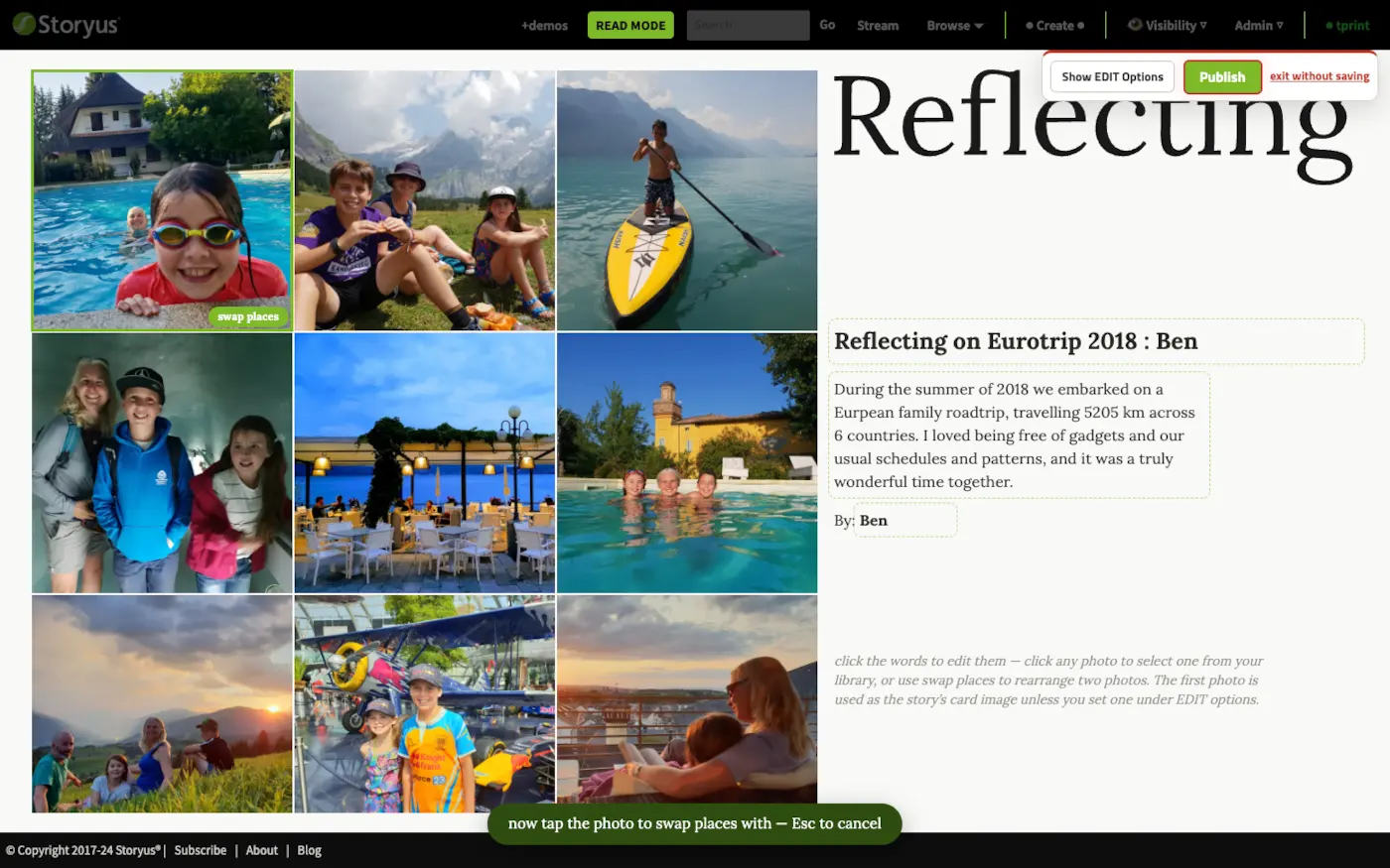 The Reflection collage editor with one tile armed for swapping, outlined in green