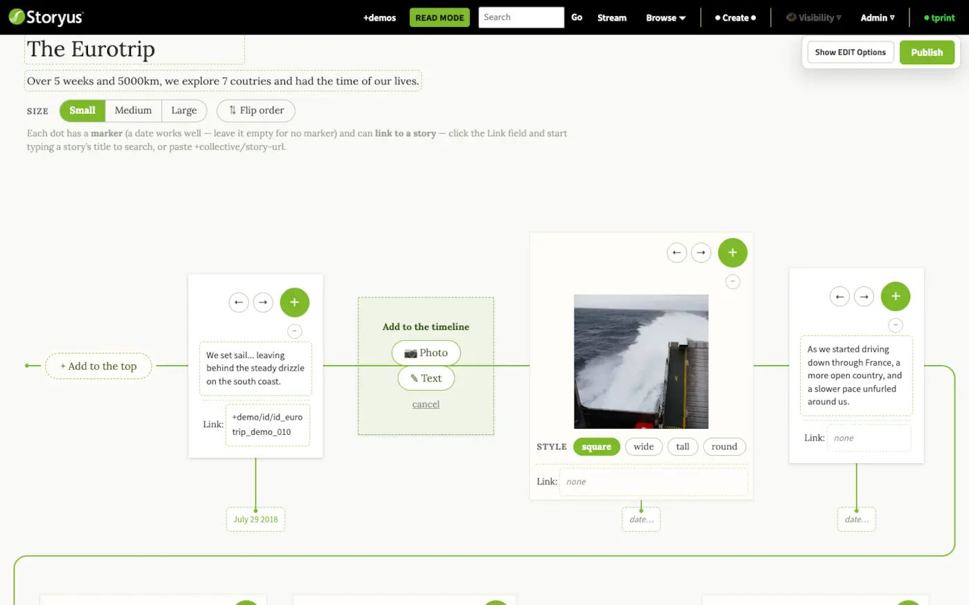 The Join the Dots editor with the add slot open, offering Photo or Text, amid real timeline cards with date markers and link fields