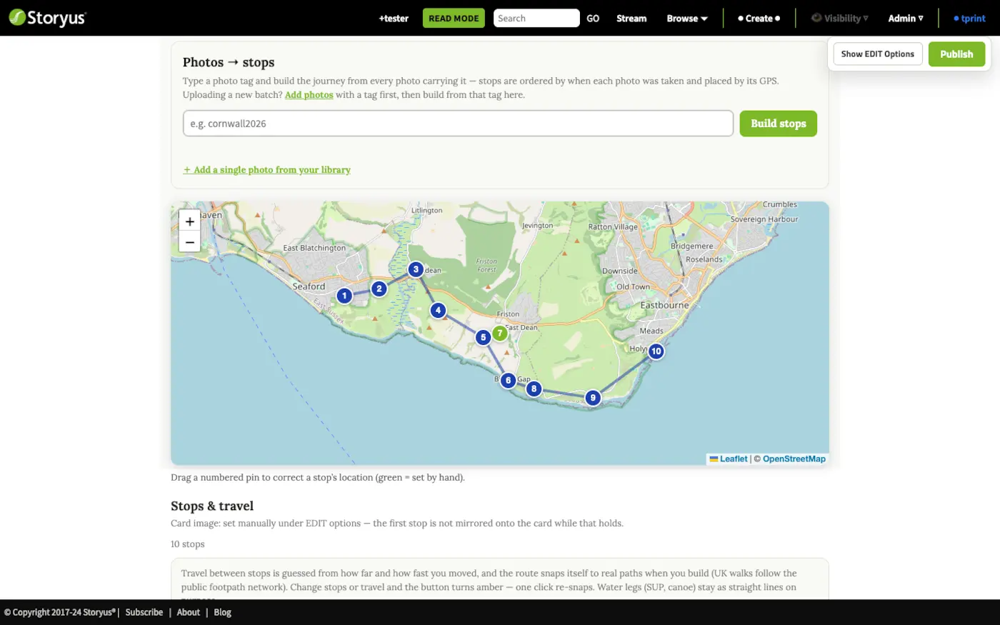 The Journey editor: the photos-to-stops tag builder, and a coastal map with ten numbered pins along the route