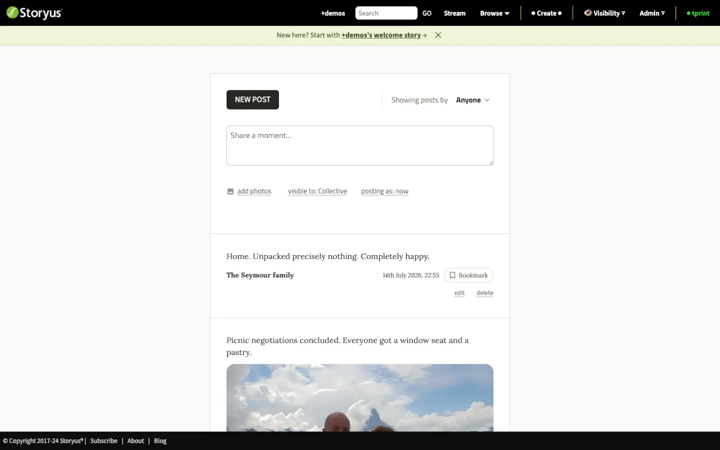 The stream composer open: a text box, a photo drop panel, and a visible-to select