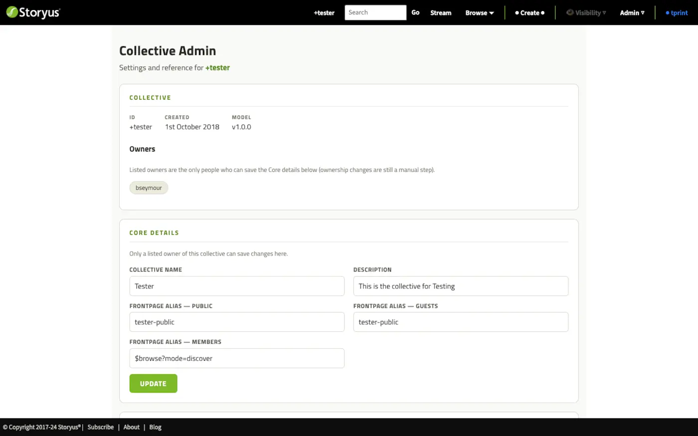 The collective admin page: core details, frontpage aliases, and the add-only media and story lists
