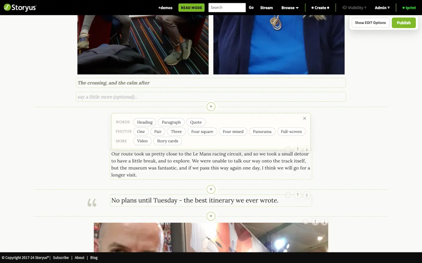 The essay editor with an insert slot open between blocks, offering Words (Heading, Paragraph, Quote), Photos (One, Pair, Three, Four square, Four mixed, Panorama, Full-screen) and More (Video, Story cards)