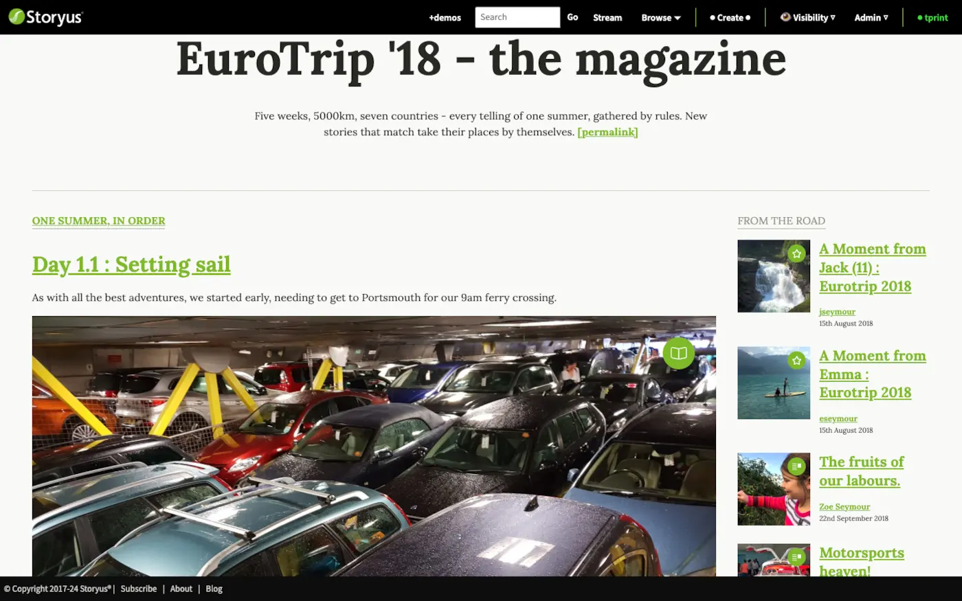 A real Storyus magazine: one family trip curated into a front page with a main story, a side rail of moments, and sections that fill themselves
