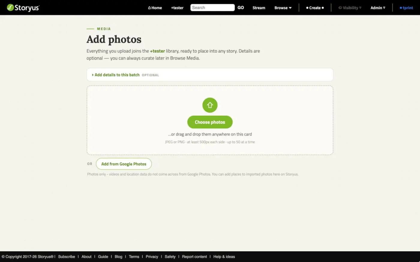 The Add photos uploader: a drag-and-drop card with batch detail fields, and the Add from Google Photos button below
