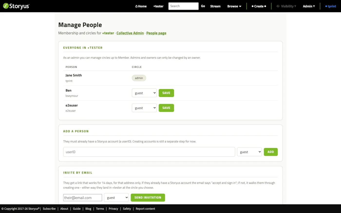 The People admin page: the collective's members with their roles, and controls to add, change or remove